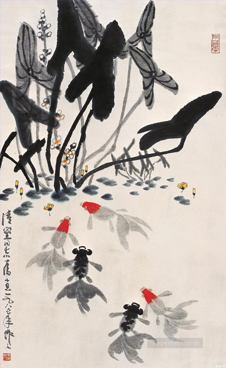 Wu zuoren goldfish and water lilies old China ink Oil Paintings